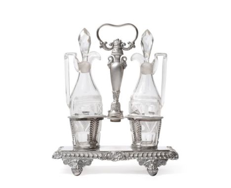 A Belgian Silver Oil and Vinegar Stand, Greek warrior head mark for Mons, 1831-1869, in the French Empire style, with a gadro