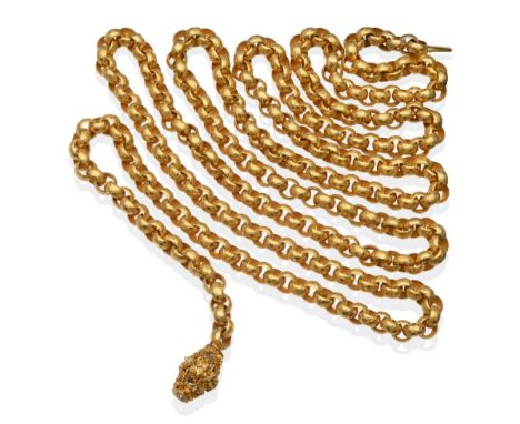 A Victorian Necklace, formed of belcher links with engine turned decoration, to a large cannetille and grainti decorated barr