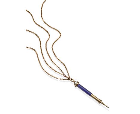 A Diamond, Turquoise and Blue Enamel Propelling Pencil, the pencil of telescopic form within a blue enamel case inset with a 