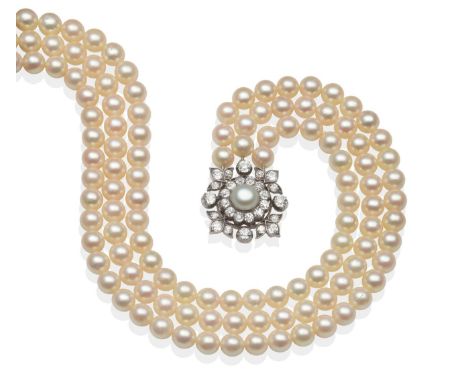 A Cultured Pearl Necklace, with a Pearl and Diamond Set Clasp, the triple strand of 50:52:56 uniform cultured pearls knotted 