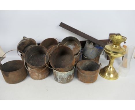 Vintage oil lamp, paint tins and other.