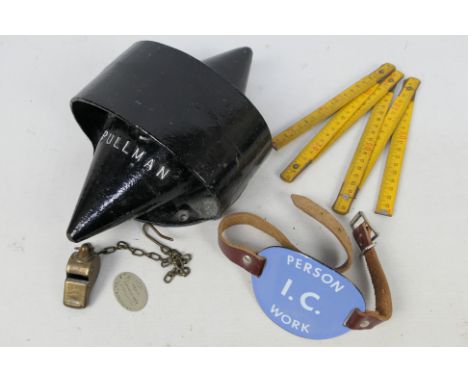 A cast iron carriage vent marked Pullman, approximately 28 cm (l), an LNER Acme Thunderer whistle, an enamel Peson IC Work ar