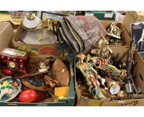 FOUR TRAYS OF HOUSEHOLD ITEMS TO INCLUDE METALWARE, ORIENTAL ORNAMENTS, A LARGE DECORATIVE TAPESTRY ETC.