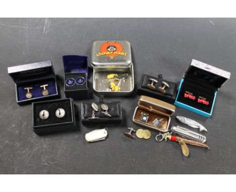 A COLLECTION OF CUFFLINKS, mostly in boxes, to include a vintage pair of white metal and Niello examples, along with a small 