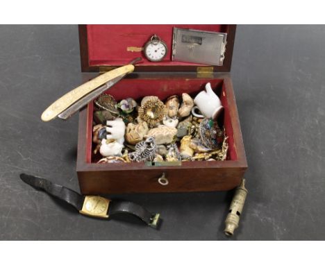 A QUANTITY OF MIXED COLLECTABLES IN A JEWELLERY BOX, TO INCLUDE AN ANTIQUE HULL CITY POLICE WHISTLE, WATCHES, BROOCHES, WADE 