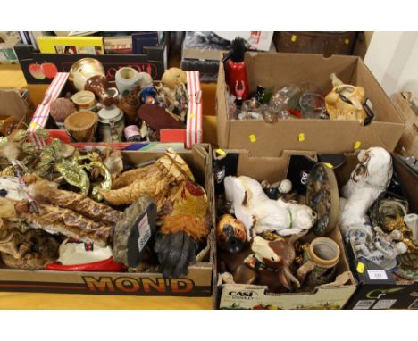 A QUANTITY OF HOUSEHOLD ORNAMENTS TO INCLUDE CARVED ITEMS, BELLS WHISKY JAR ETC.
