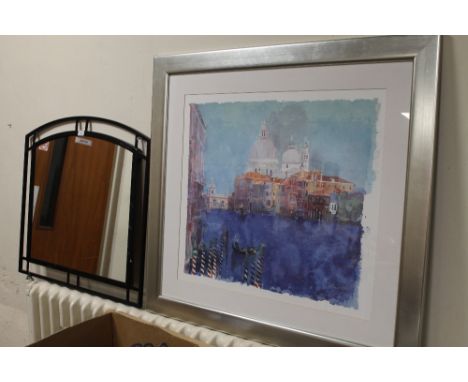 A LARGE FRAMED AND GLAZED SIGNED PRINT OF A VENETIAN SCENE, A MODERN WALL HANGING MIRROR & A LARGE ROLLING PIN