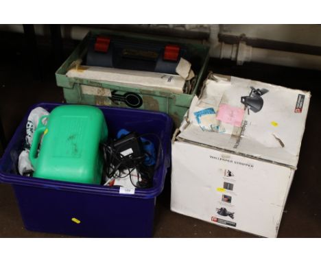 A QUANTITY OF TOOLS AND HOUSEHOLD ITEMS, TO INCLUDE A JERRY CAN, STEAMER, ETC.