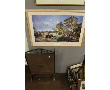 A FRAMED AND GLAZED PETER ARCHER PRINT, TITLED 'SWIFTLY ASHORE', DEPICTING THE D-DAY LANDINGS TOGETHER WITH A ETCHED MIRROR F