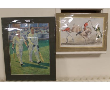 A LIMITED EDITION PRINT BY GERRY WRIGHT, DEPICTING BILL EDRICH AND DENNIS COMPTON, 348/500, AUTOGRAPHED BY BOTH PLAYERS, APPR