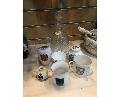 6 CRESTED CHINA ORNIMENTS - GOSS ETC & CRYSTAL GLASS DECANTER
