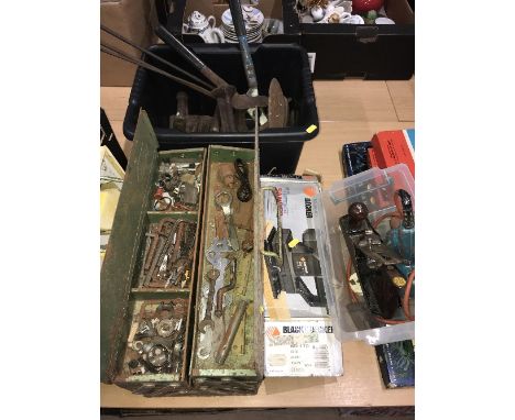 VINTAGE IRONS, SHOE LAST & QUANTITY OF TOOLS