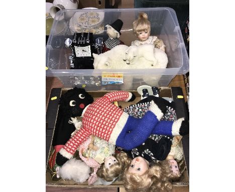 1 BOX OF DOLLS & POLAR BEAR WITH CUB & TRUCK CLOCK