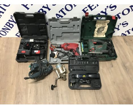 5 PIECES OF POWER TOOLS (BOSCH, JIGSAW, BLACK & DECKER SANDER, OTHERS) AND REEL