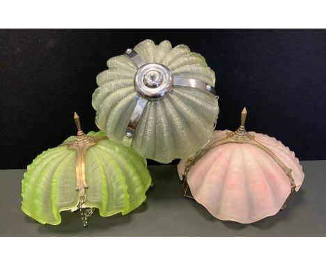 A 1930s chrome and green glass shell shaped ceiling light shade, 35cm diameter;  others similar pale pink  and green, 34cm an