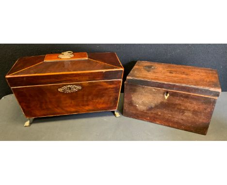 A 19th century inlaid mahogany sarcophagus tea caddy, brass ball and claw feet, 17cm high, 28.5cm wide, 13.5cm deep;  another
