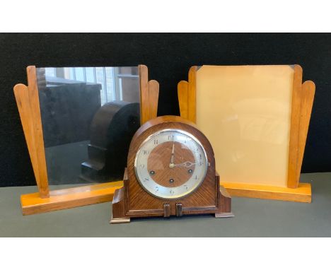 A pair of Art Deco light oak photograph frames, 33cm; an oak mantel clock, twin winding holes, chiming (3) 