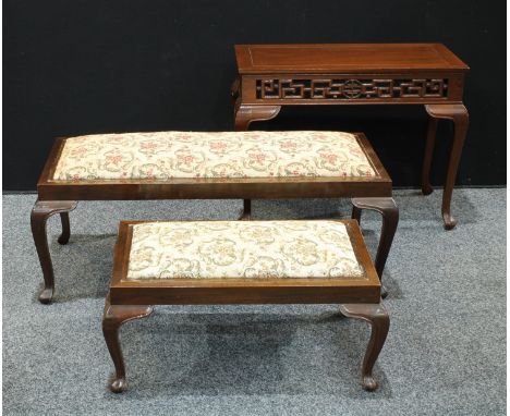 A Chinese style hardwood coffee table, rectangular panel top, cabriole legs, 59cm high, 76cm wide; another stool/coffee table