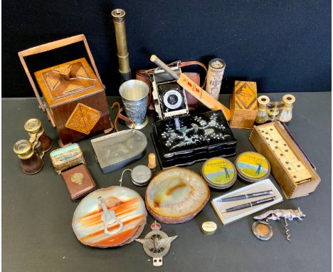 A pair of Lemaine de Paris mother of pearl mounted opera glasses;  others Jockey Club;  Wills Cut plug advertising tins;  Jam