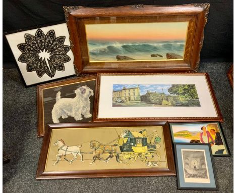 Garman Morris, after, Evening Cornish Coast, 28cm x 72cm, swept oak frame;  Geoff Butterworth, by and after, The Dales Veteri