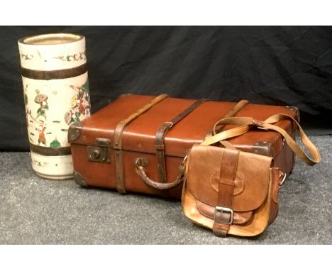 A large Chinese Satsuma sick stand, 44cm high, 20cm wide;  vintage suitcase etc. 