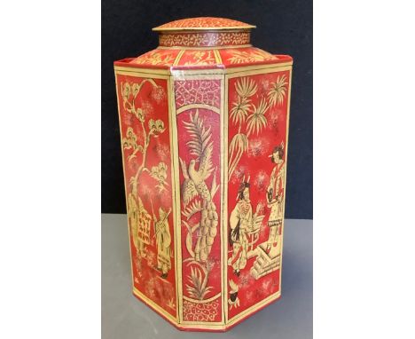 A contemporary Chinese chinoserie canted square tea caddy, in red and gilt, 37cm high 