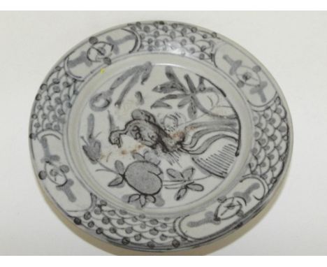 Chinese I Sin Ho shipwreck phoenix plate with ticket, date 1580-1605, diameter 17cm  