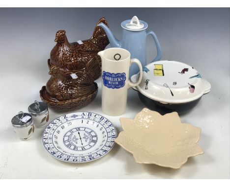 Sundry kitchen and other ceramics including a Horlicks mixer, a Portmerion casserole dish (a/f), Royal Worcester coddlers, a 