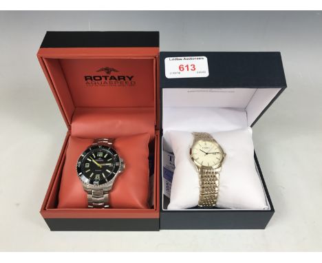 Two gentlemen's cased contemporary quartz wristwatches, including a gold-plated Rotary with bracelet strap and a Rotary Aquas