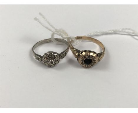 An antique 9ct gold dress ring (a/f) 1.3g, together with one other vintage white metal and marcasite dress ring