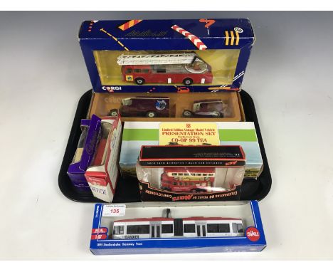 A Corgi fire engine together with a tramway tram and Kay & Co Ltd models etc