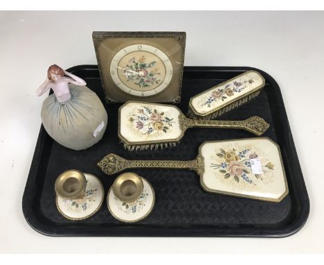 A vintage lacquered brass and petite-point dressing table set together with a pin lady