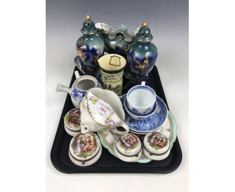 A three-piece mantelpiece garniture together with a blue and white tea bowl (a/f) and four trinket boxes etc