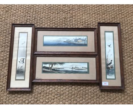 Four Chinese watercolour paintings, two depicting mandarin ducks, signed with a red seal mark, framed under glass, 30 x 5 cm 