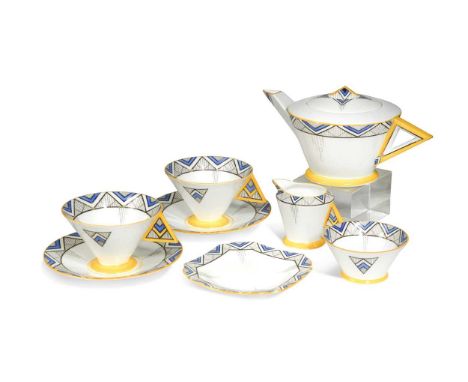 A Shelley Vogue 'Blue Chevron' tea service, pattern no. 11775 by Eric Slater,  comprising two teacups, two saucers, a side pl