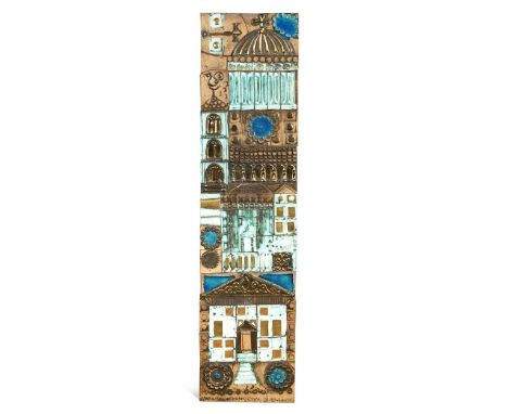 Jean Powell of Craig Bragdy Design, Denbigh, Wales, a tiled panel,  with stylised cityscape, signed along the lower edge122 x