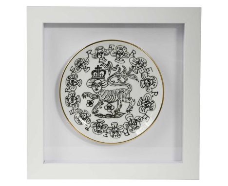 Sir Grayson Perry CBE, RA (1960-), a framed Lion Queen plate, printed with a design of Queen Elizabeth II as a lion set withi