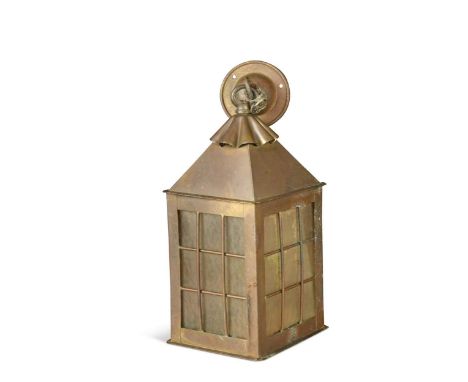 An Arts & Crafts brass hall lantern,  with lattice glazed sides29cm high; together with another copper lantern with hammered 