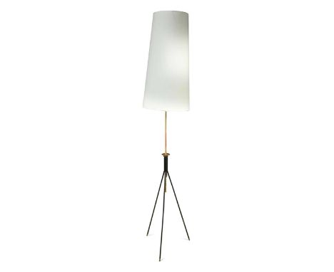 A mid-century height-adjustable floor lamp, probably French,  with brass rod on three black finished tubular supports with cr