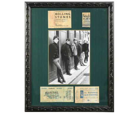 The Rolling Stones, a black and white photograph of the band,  framed along with four facsimile concert tickets the photograp