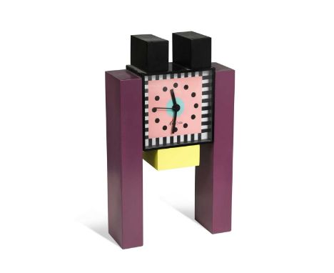 A 1980s Memphis clock, designed by Nathalie du Pasquier and George J Sowden for Neos Lorenz,  the square clock with pink face