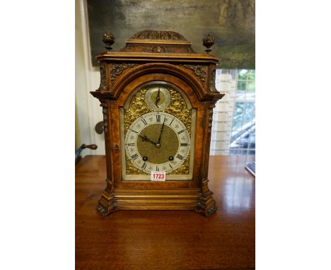A good late 19th century burr walnut and gilt brass mantel clock,&nbsp;with pierced frets, chiming on two gongs, 39cm high, w