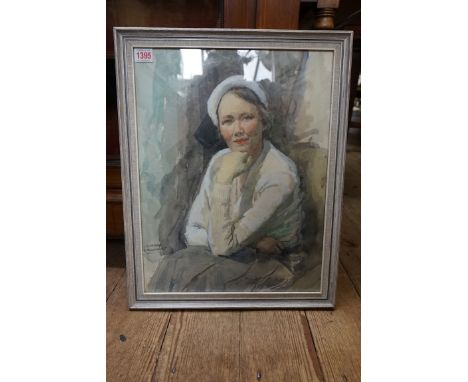 Murray Urquhart, half length portrait of a seated lady, signed, watercolour and bodycolour, 44 x 34cm. 