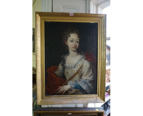 English Provincial School, late 17th century, half length portrait of a young lady wearing pearls, oil on canvas, 67 x 48.5cm
