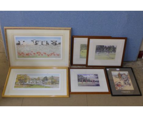 A Lawson Wood print, three sporting prints and two signed limited edition prints