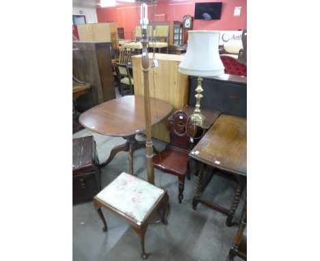 A beech standard lamp, mahogany occasional table, Victorian mahogany hall chair and a stool