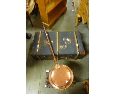 A banded steamer trunk, copper warming pan and an oak and leather stool