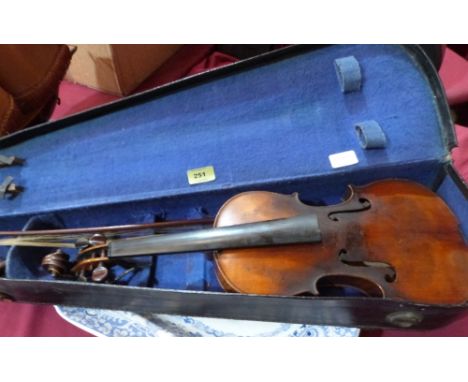 A violin with mother-of-pearl inlaid bow. Length of back 14'
