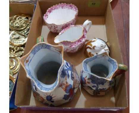 A Royal Crown Derby mouse, two Mason's Ironstone hydra jugs and a Spode cream jug and sucrier