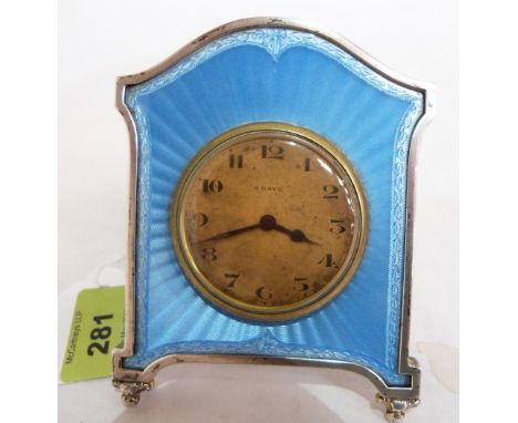 A George V silver and blue guilloche enamel dressing table clock. London 1927. 4¼' high. Movement not running.